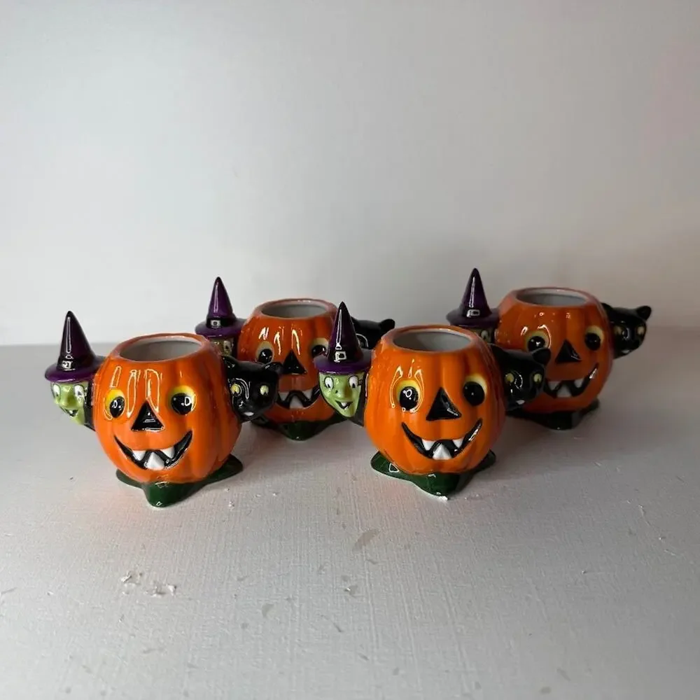 Christopher Radko Halloween Shiny Brite Pumpkin Patch Tea Cups Set 4 Witch Cat
